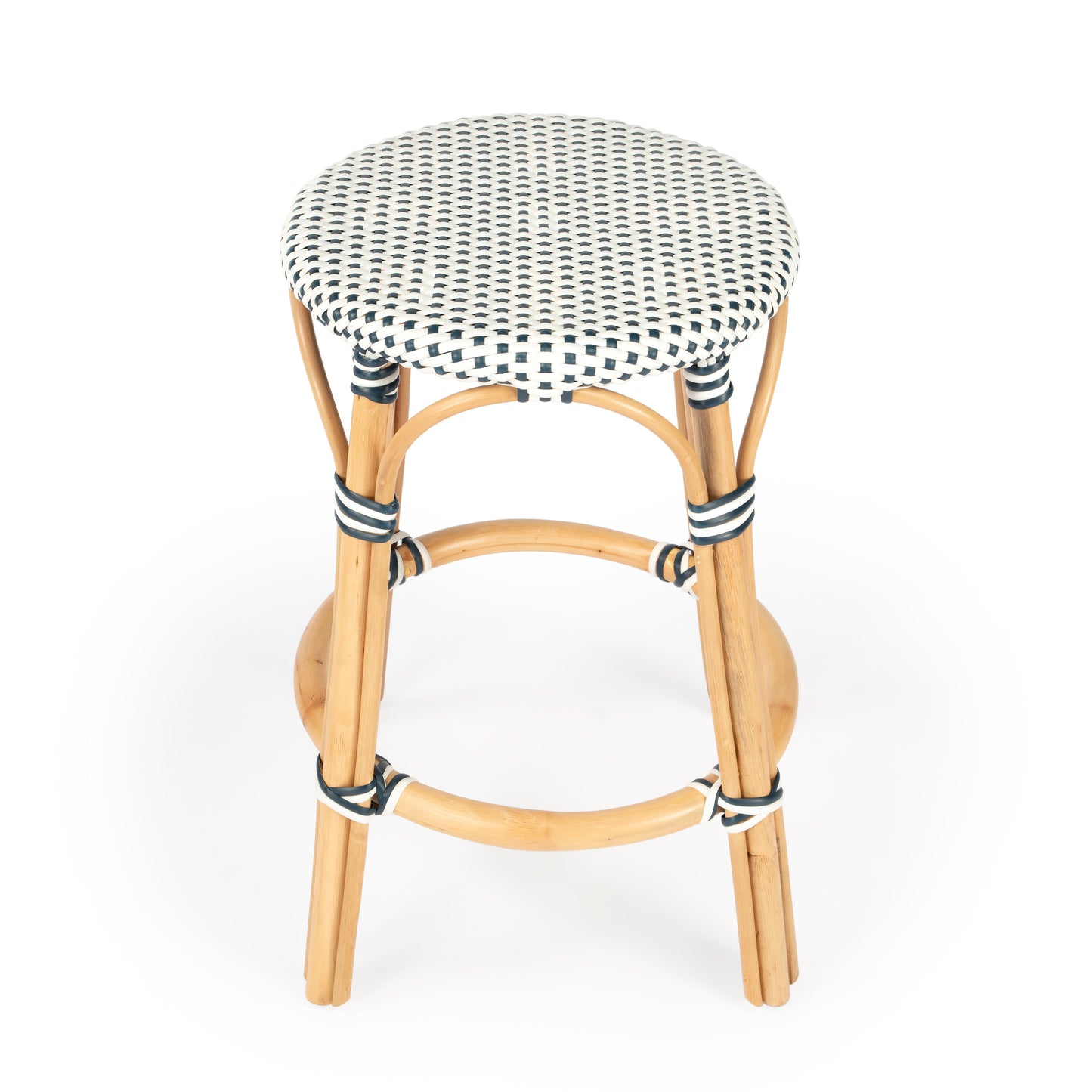 Tobias Rattan Round 24" Counter Stool in White and Navy Dot  9371222