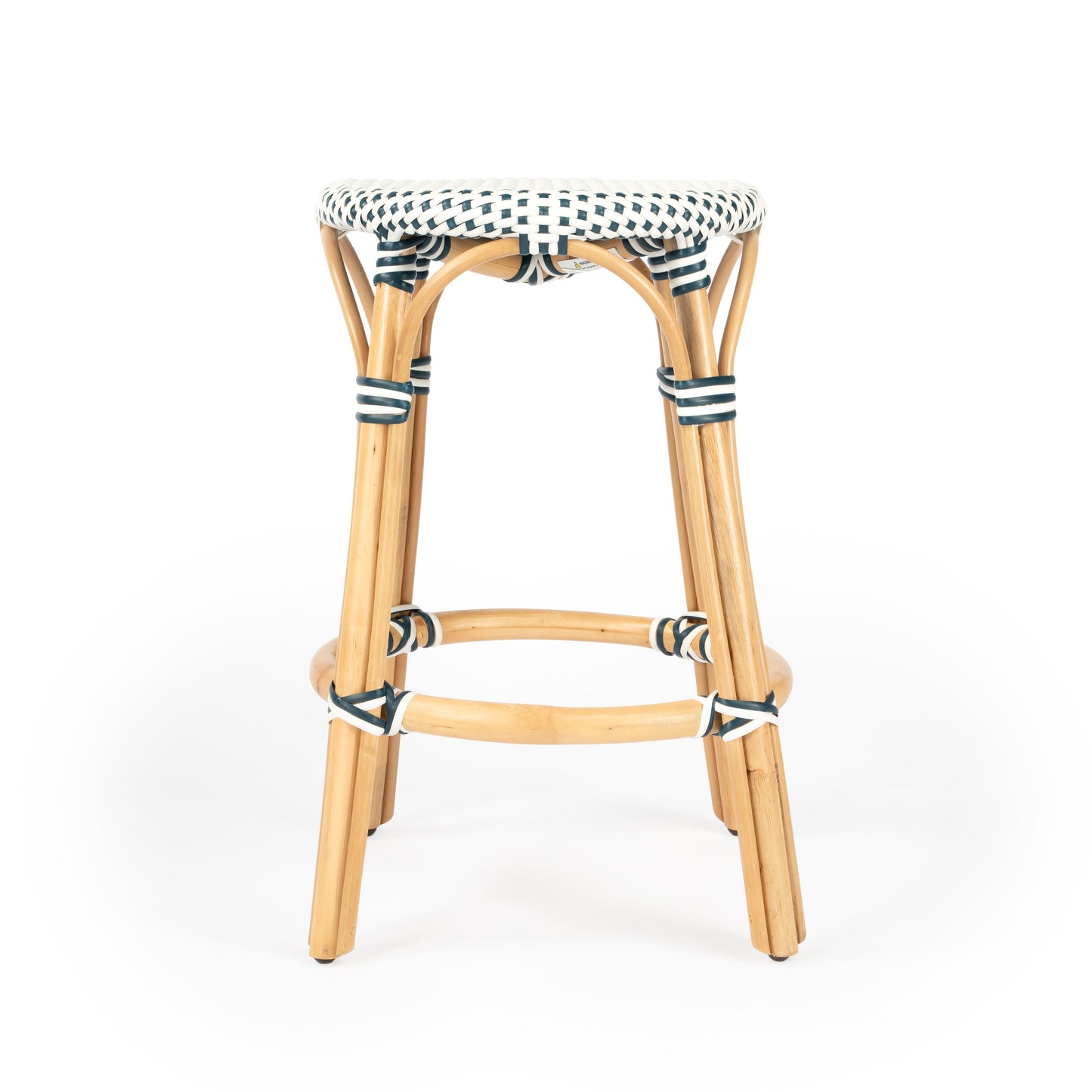 Tobias Rattan Round 24" Counter Stool in White and Navy Dot  9371222