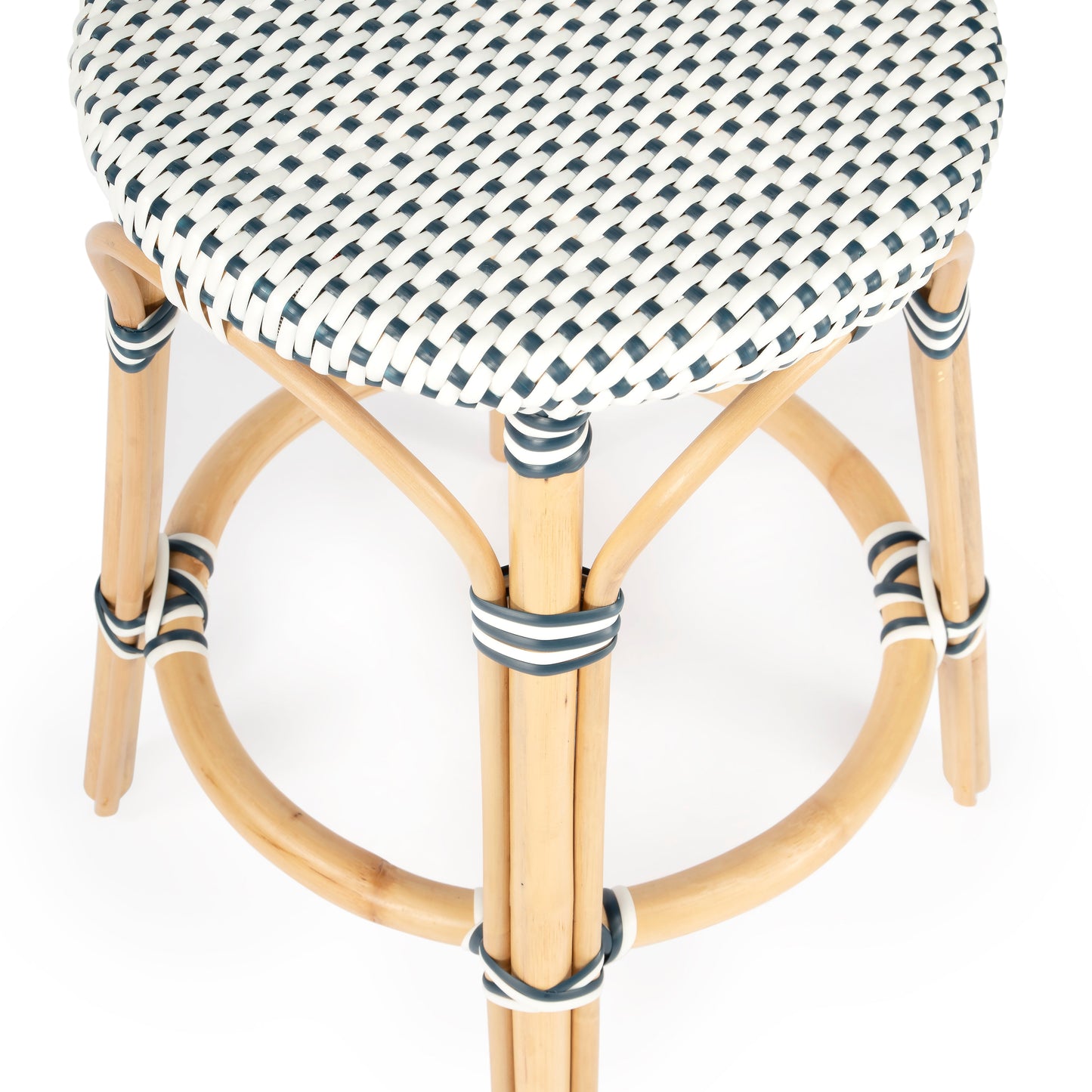 Tobias Rattan Round 24" Counter Stool in White and Navy Dot  9371222