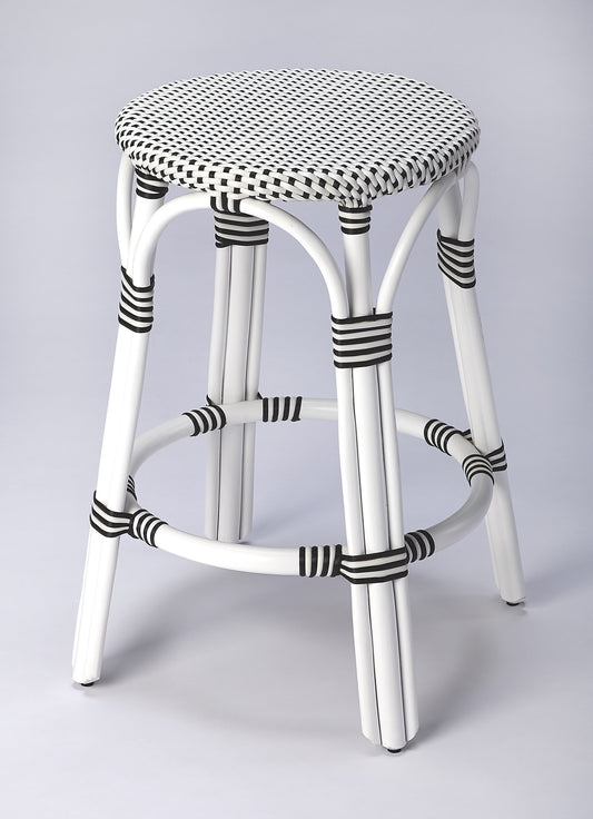 Tobias Rattan Round 24" Counter Stool in White and Black Dot  9371288