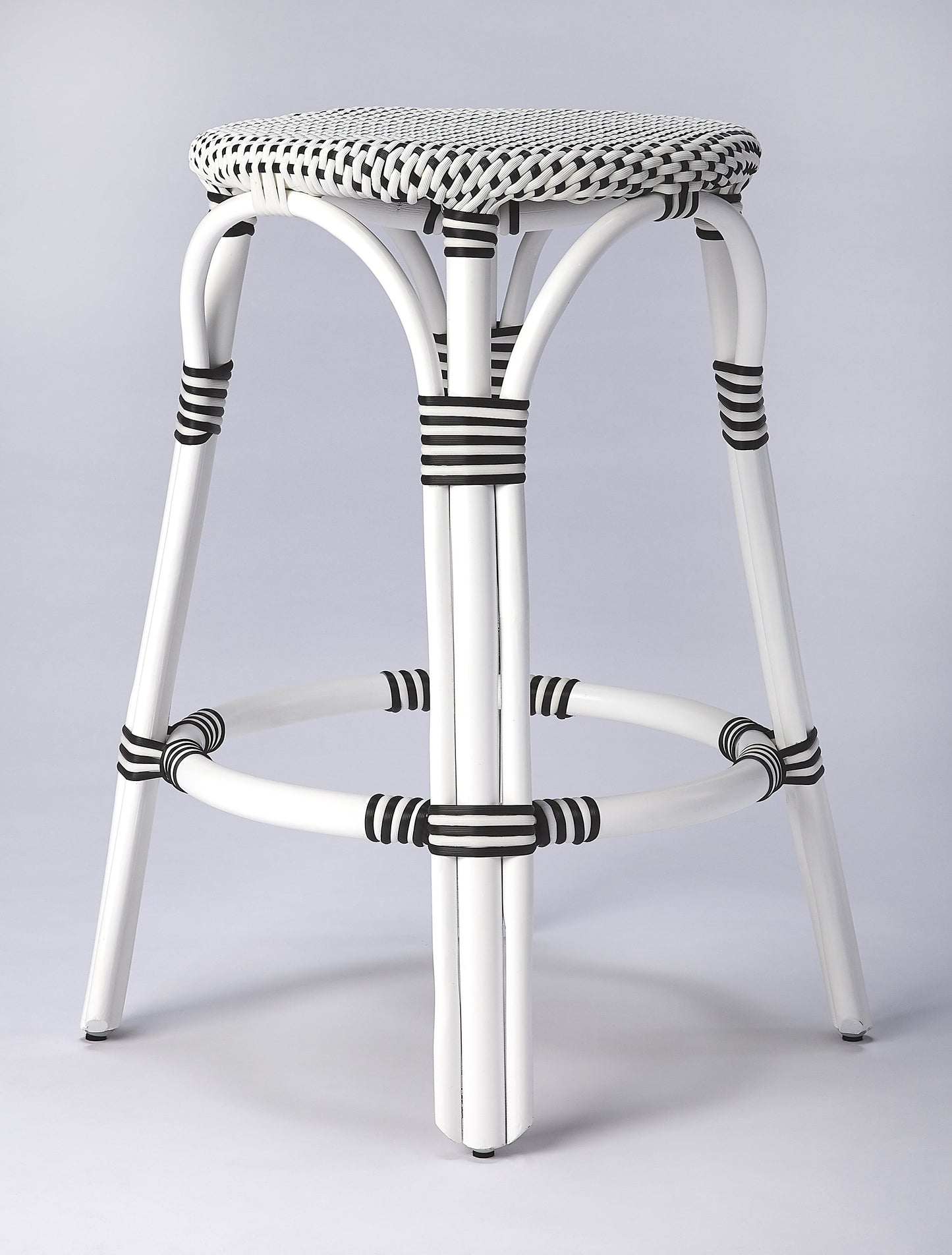 Tobias Rattan Round 24" Counter Stool in White and Black Dot  9371288