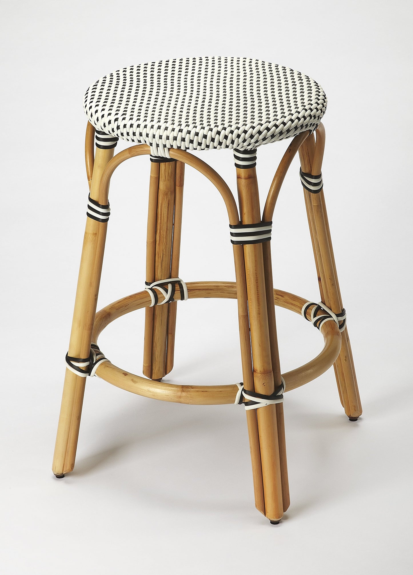 Tobias Rattan Round 24" Counter Stool in White and Black Dot  9371295