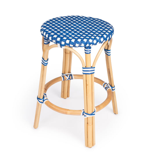 Tobias Rattan Round 24" Counter Stool in Blue and White Dot  9371303