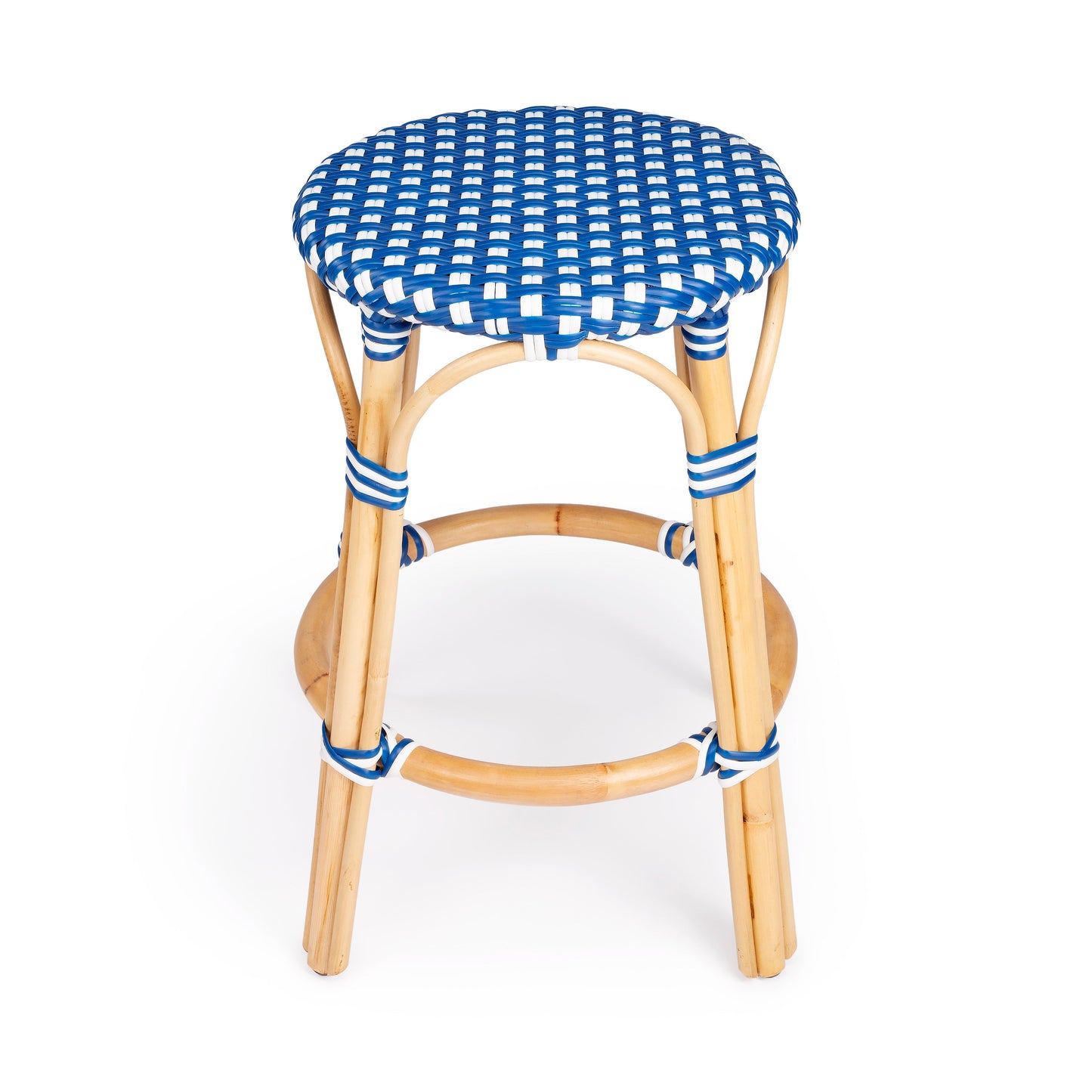 Tobias Rattan Round 24" Counter Stool in Blue and White Dot  9371303