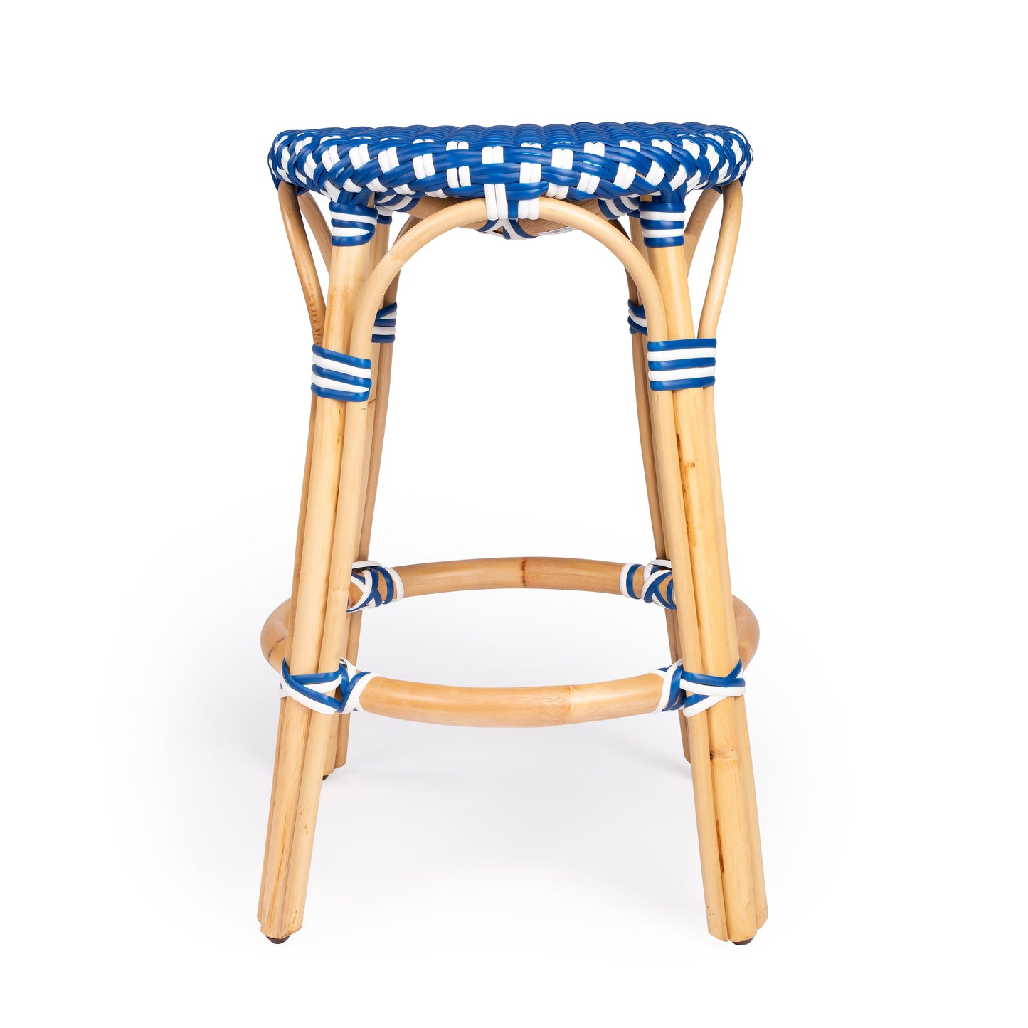 Tobias Rattan Round 24" Counter Stool in Blue and White Dot  9371303