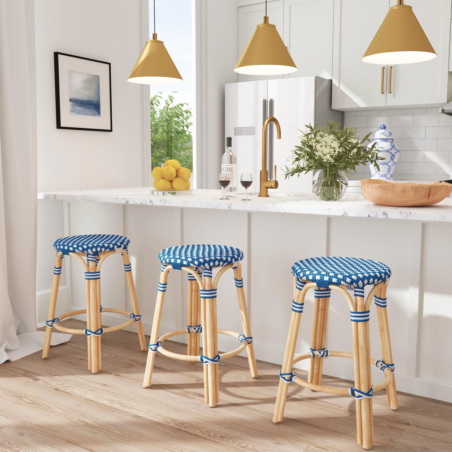 Tobias Rattan Round 24" Counter Stool in Blue and White Dot  9371303