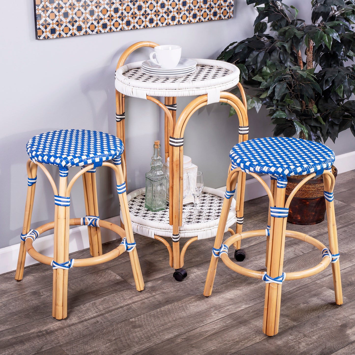 Tobias Rattan Round 24" Counter Stool in Blue and White Dot  9371303