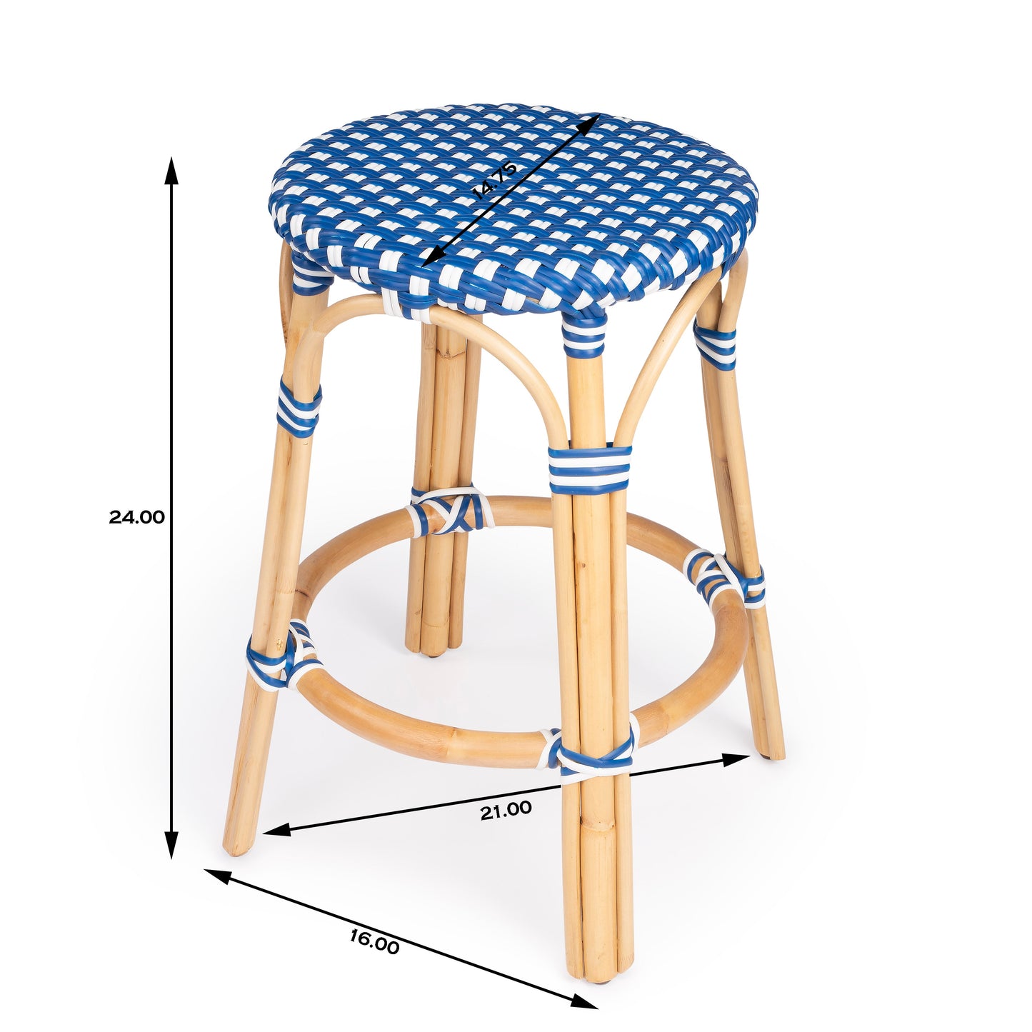 Tobias Rattan Round 24" Counter Stool in Blue and White Dot  9371303