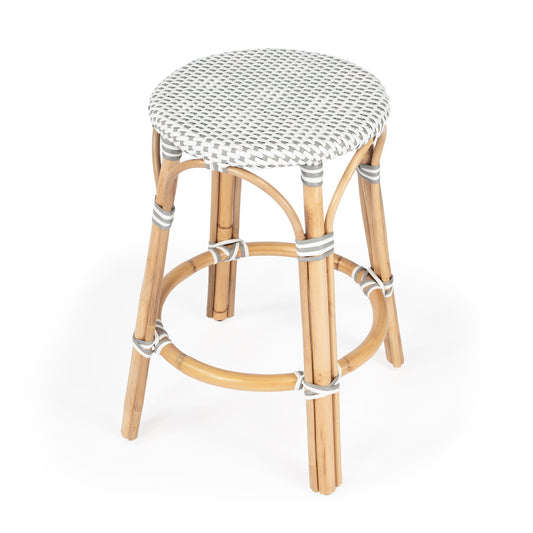 Tobias Rattan Round 24" Counter Stool in White and Gray Dot  9371329