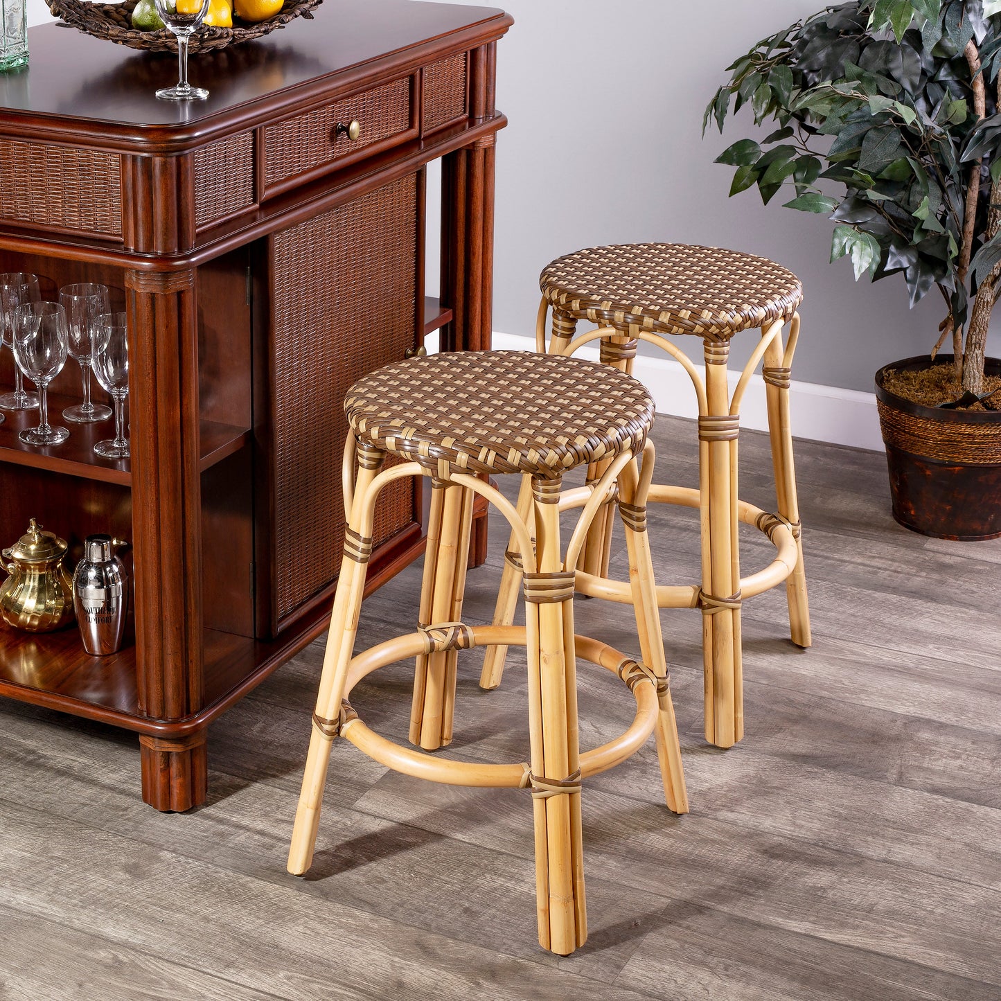 Tobias Rattan Round 24" Counter Stool in Brown and Tan Dot  9371354