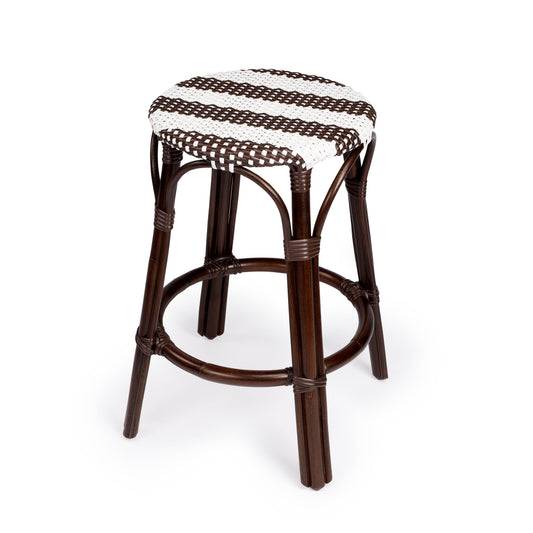 Tobias Rattan Round 24" Counter Stool in White and Brown Stripe  9371403