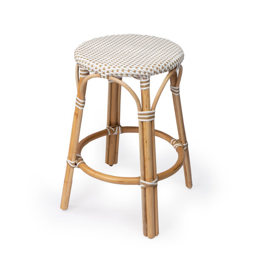 Tobias Rattan Round 24" Counter Stool in White and Tan Dot  9371415