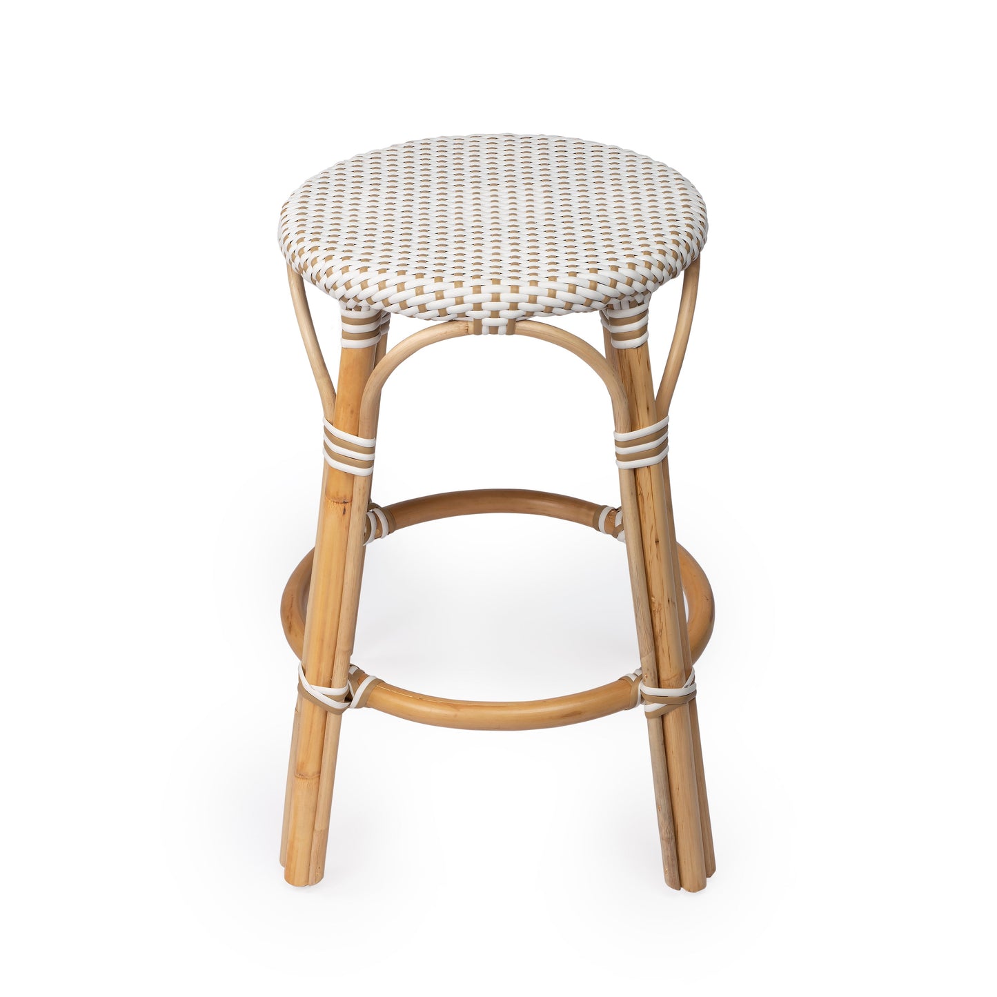 Tobias Rattan Round 24" Counter Stool in White and Tan Dot  9371415