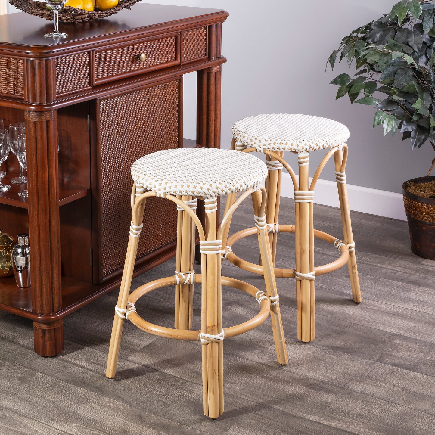 Tobias Rattan Round 24" Counter Stool in White and Tan Dot  9371415