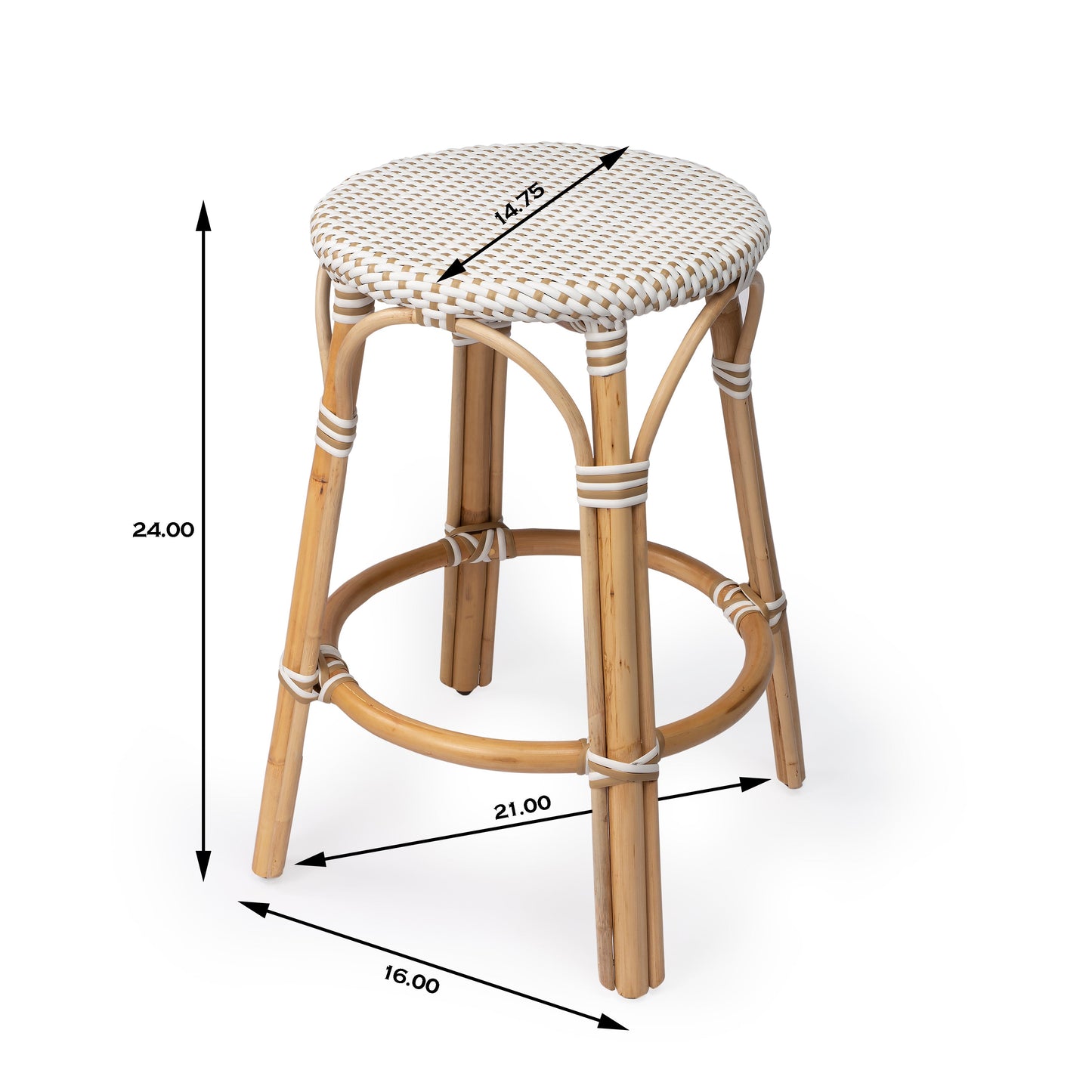 Tobias Rattan Round 24" Counter Stool in White and Tan Dot  9371415