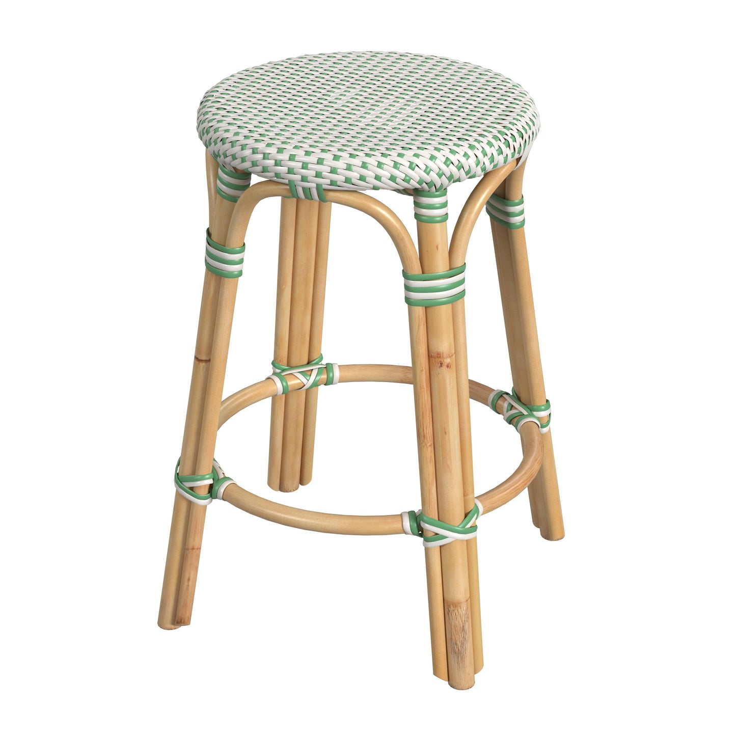 Tobias Rattan Round 24" Counter Stool in White and Green Dot  9371426