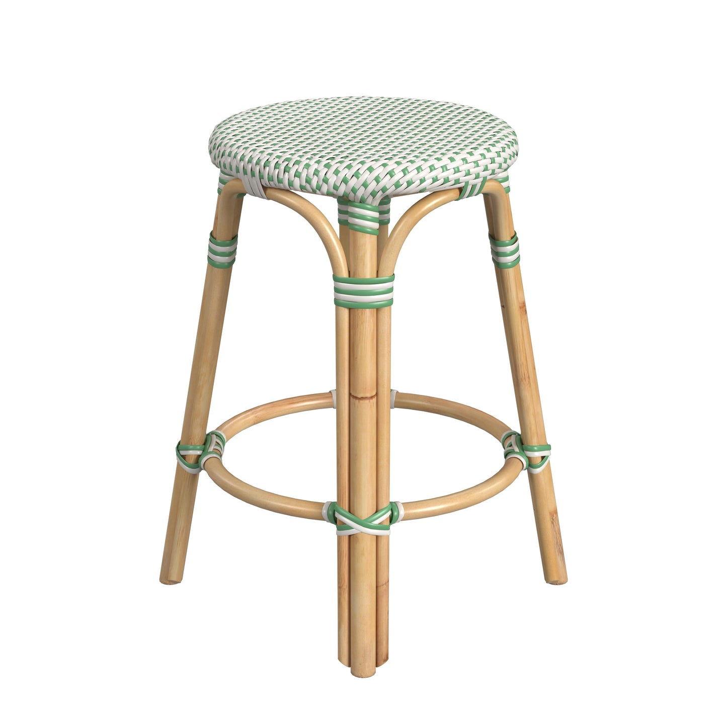 Tobias Rattan Round 24" Counter Stool in White and Green Dot  9371426