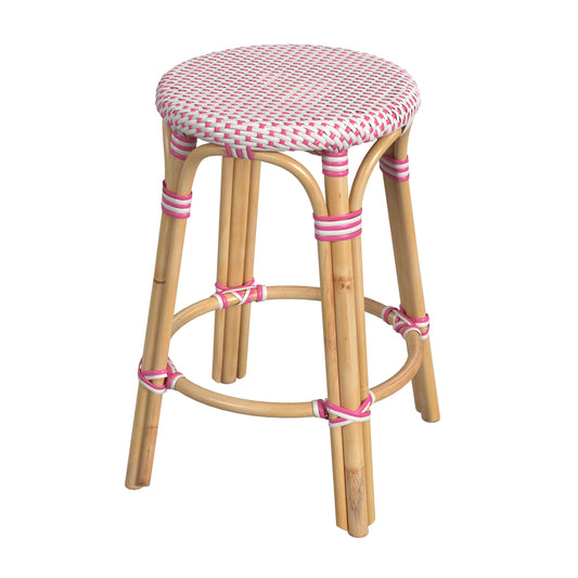 Tobias Rattan Round 24" Counter Stool in White and Pink Dot  9371428