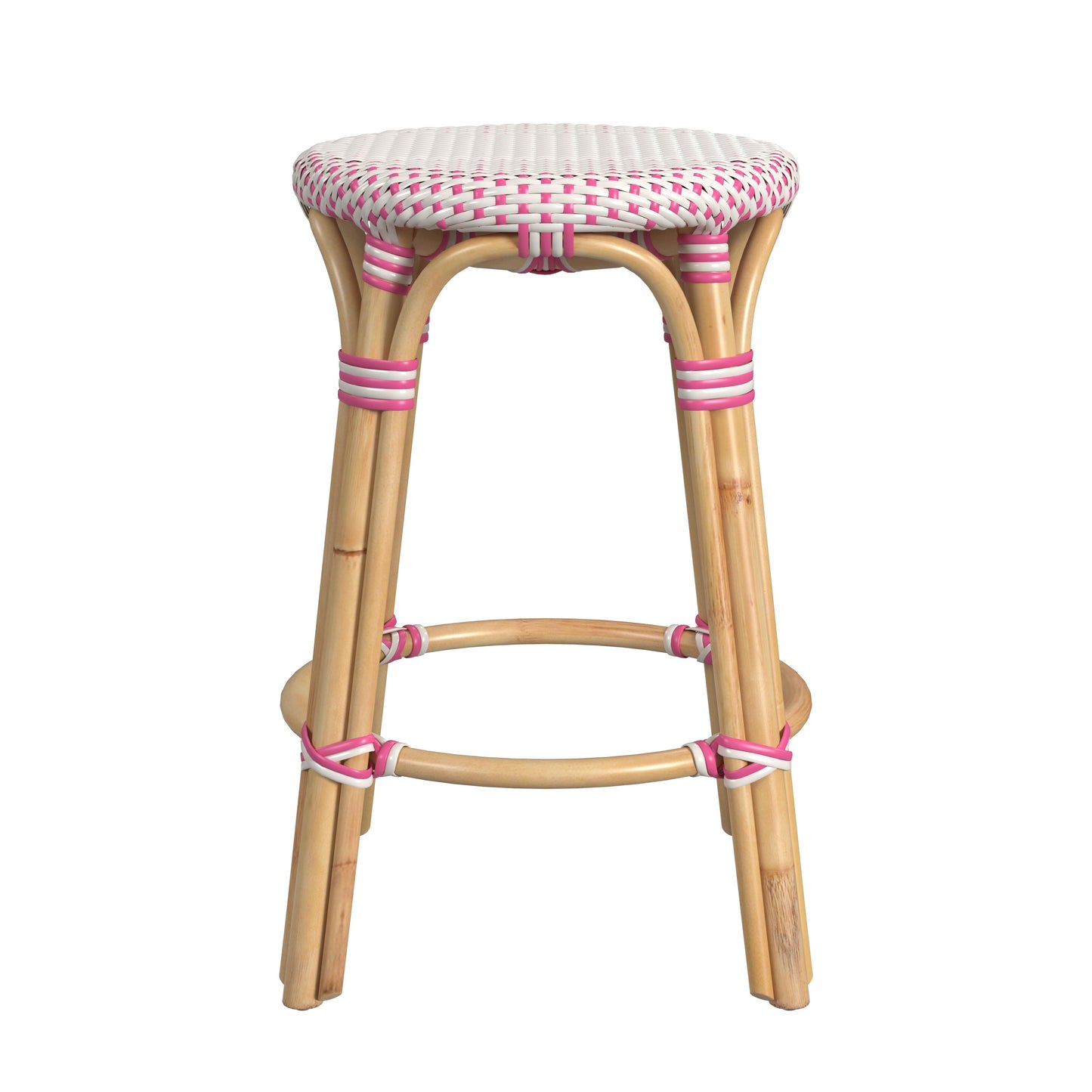 Tobias Rattan Round 24" Counter Stool in White and Pink Dot  9371428