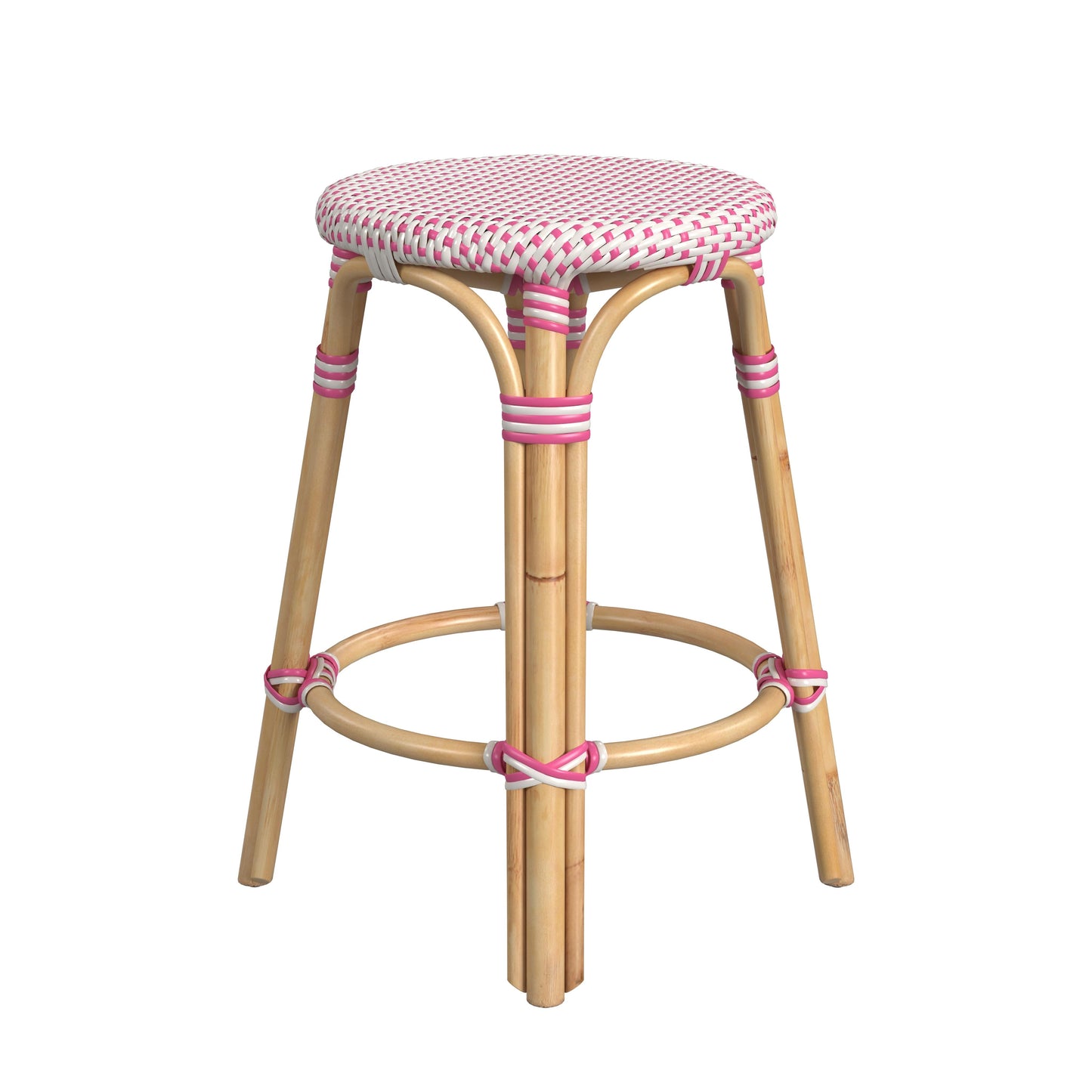 Tobias Rattan Round 24" Counter Stool in White and Pink Dot  9371428