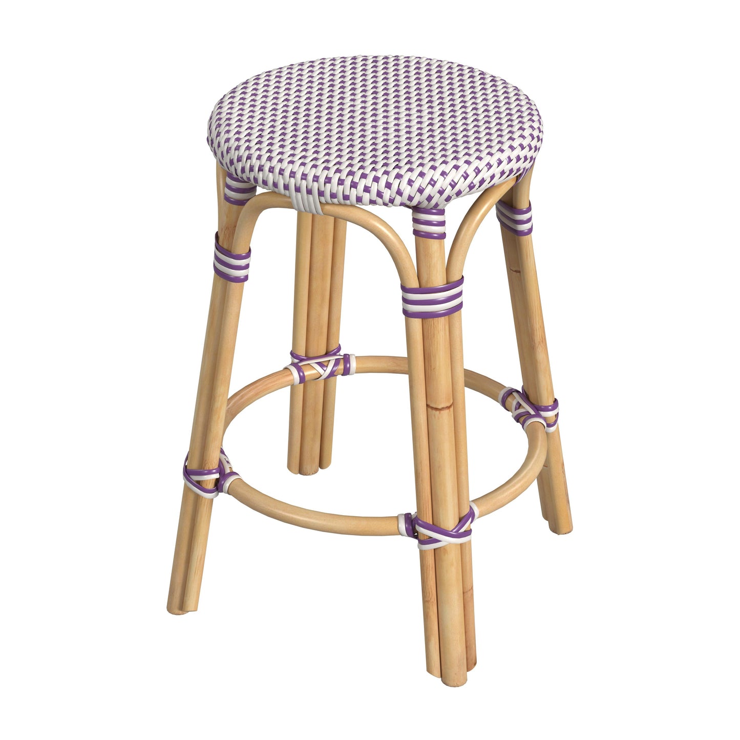 Tobias Rattan Round 24" Counter Stool in White and Purple Dot  9371429