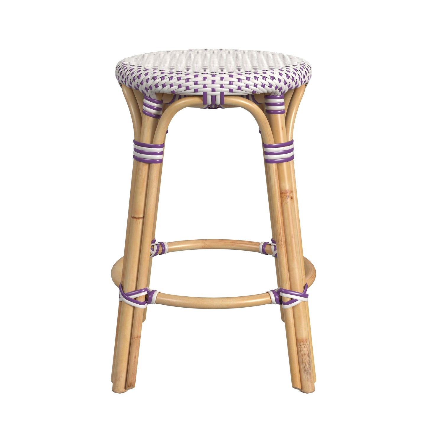 Tobias Rattan Round 24" Counter Stool in White and Purple Dot  9371429