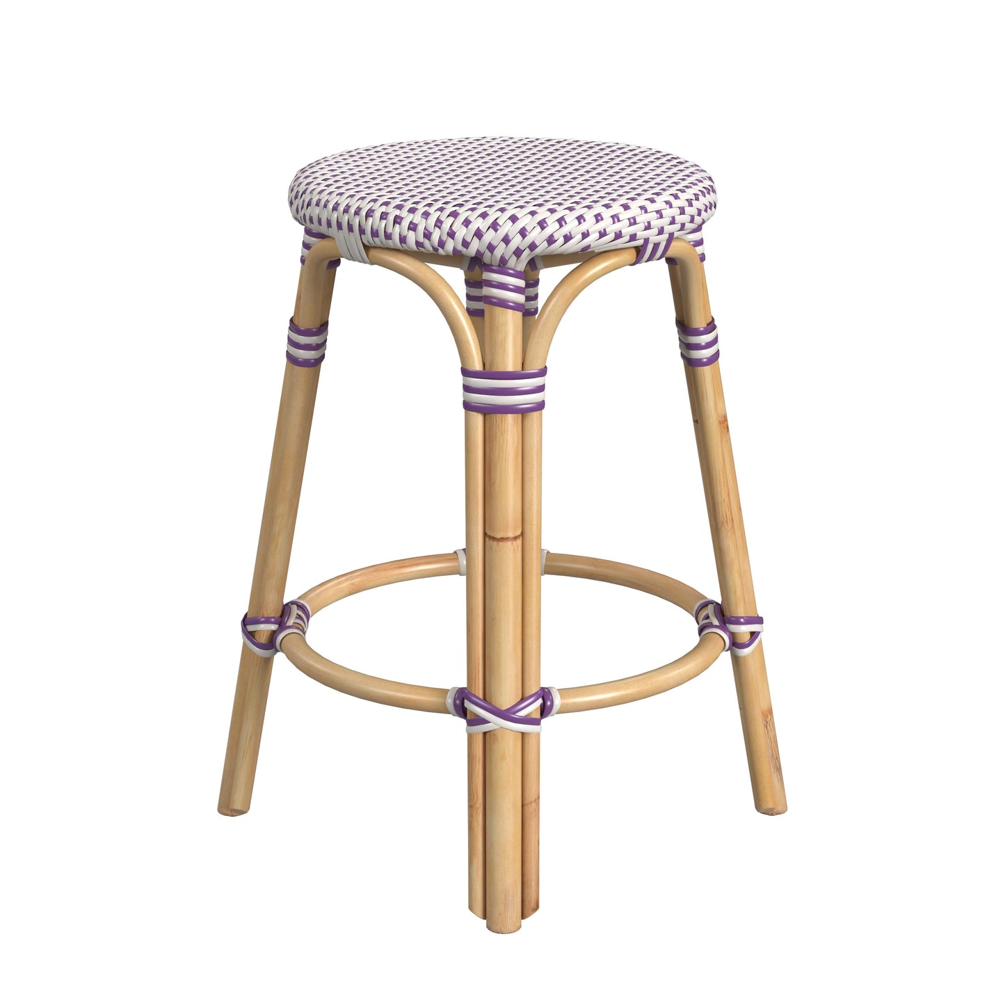 Tobias Rattan Round 24" Counter Stool in White and Purple Dot  9371429