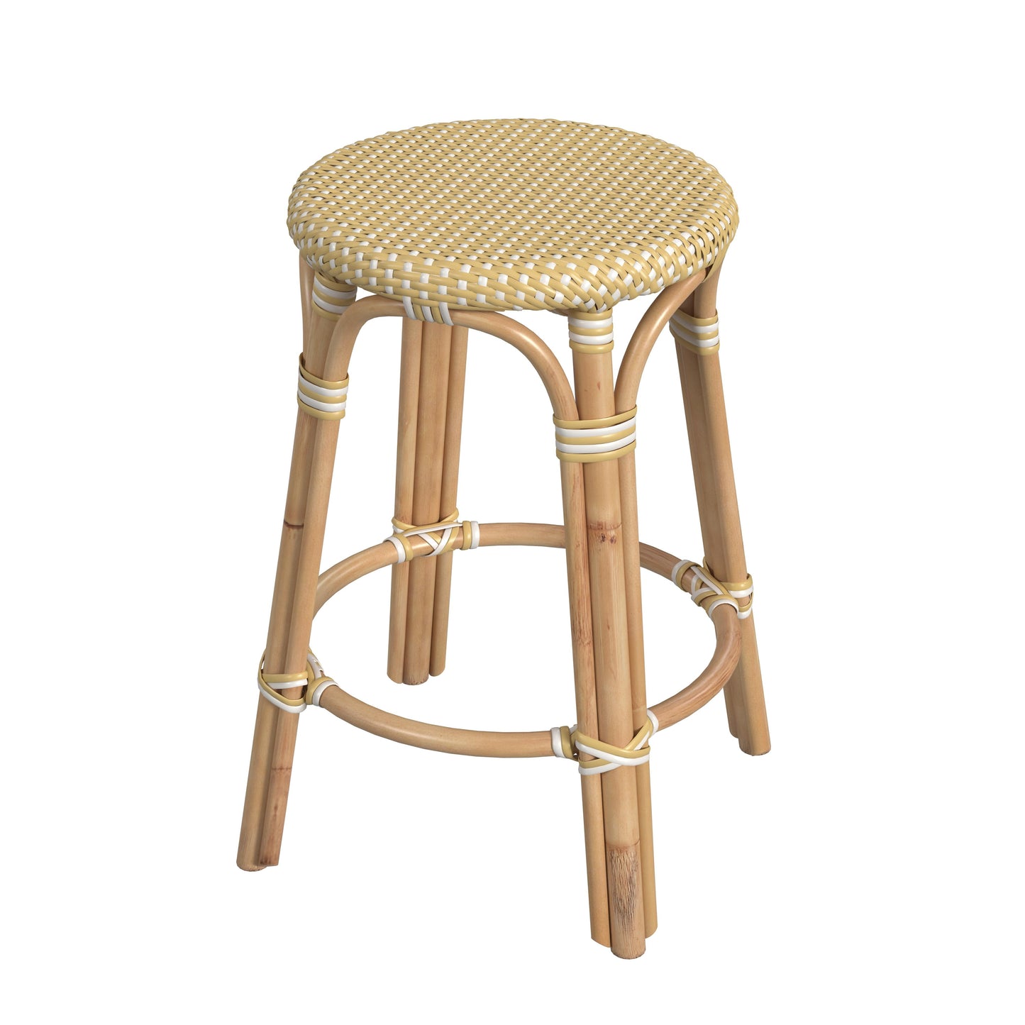 Tobias Rattan Round 24" Counter Stool in Yellow and White Dot  9371431