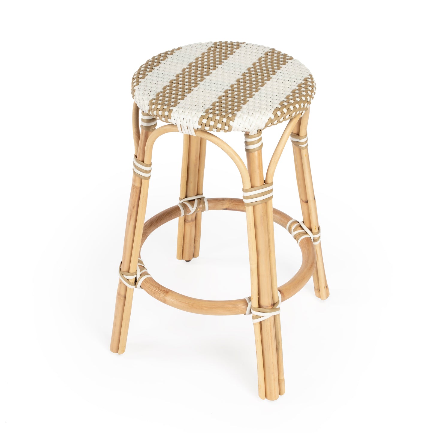 Tobias Rattan Round 24" Counter Stool in Tan and White Stripe  9371984