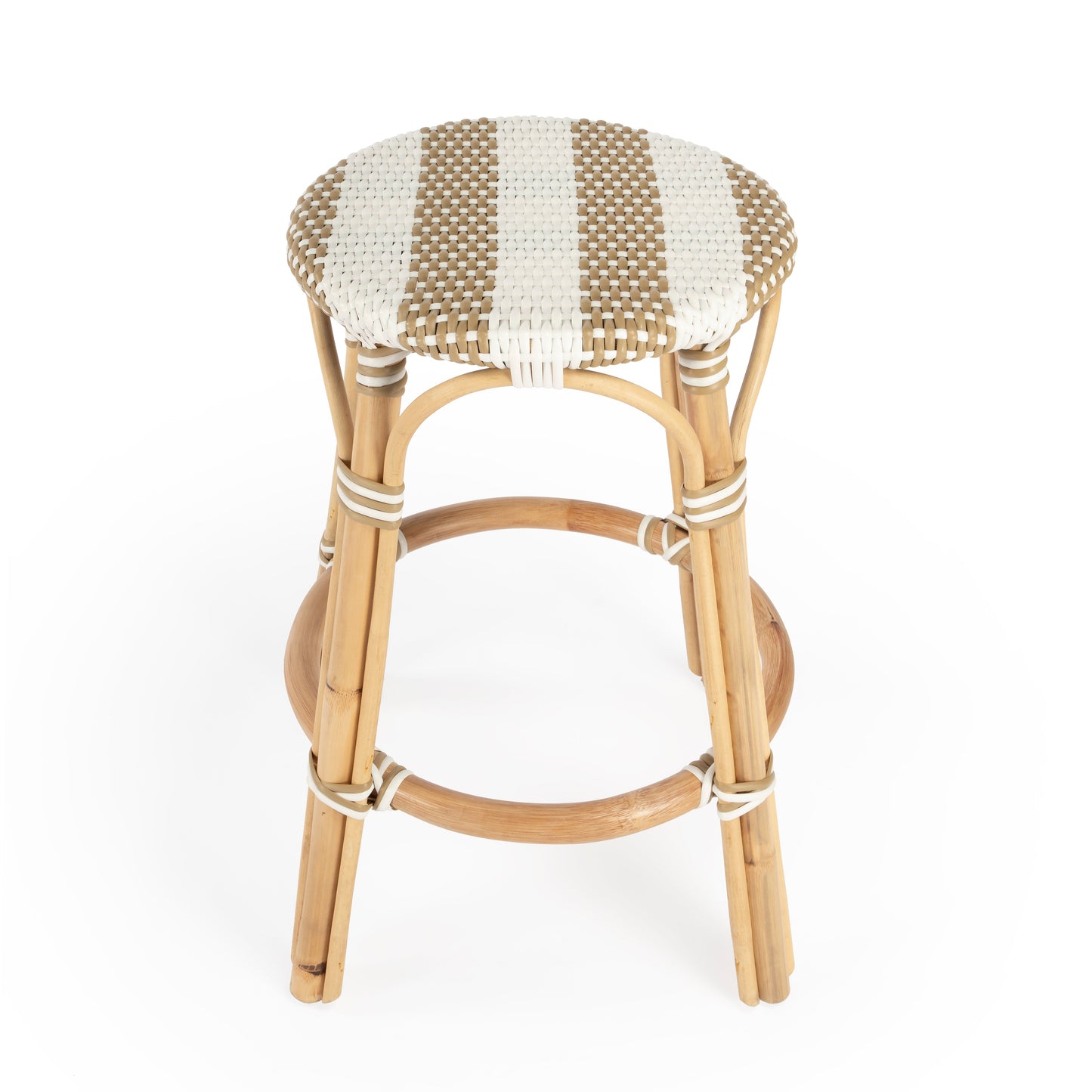 Tobias Rattan Round 24" Counter Stool in Tan and White Stripe  9371984