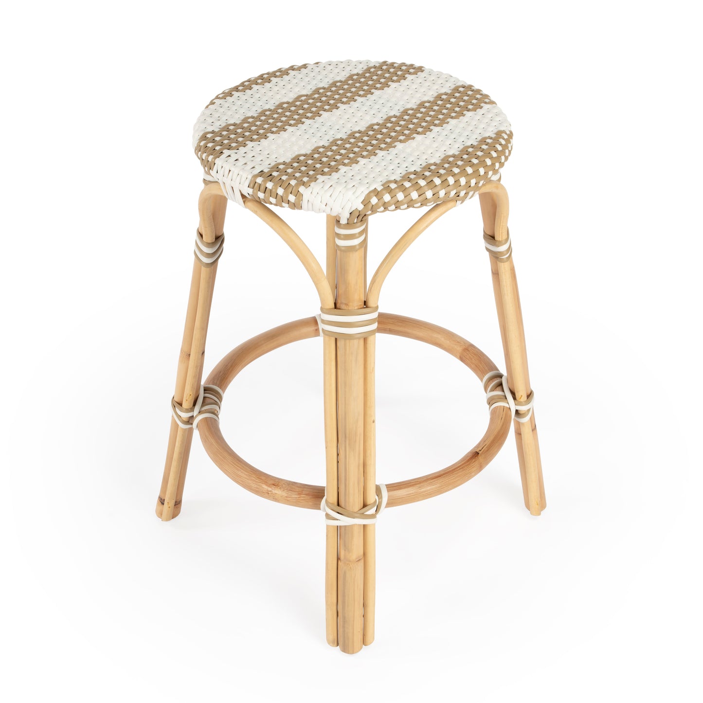 Tobias Rattan Round 24" Counter Stool in Tan and White Stripe  9371984