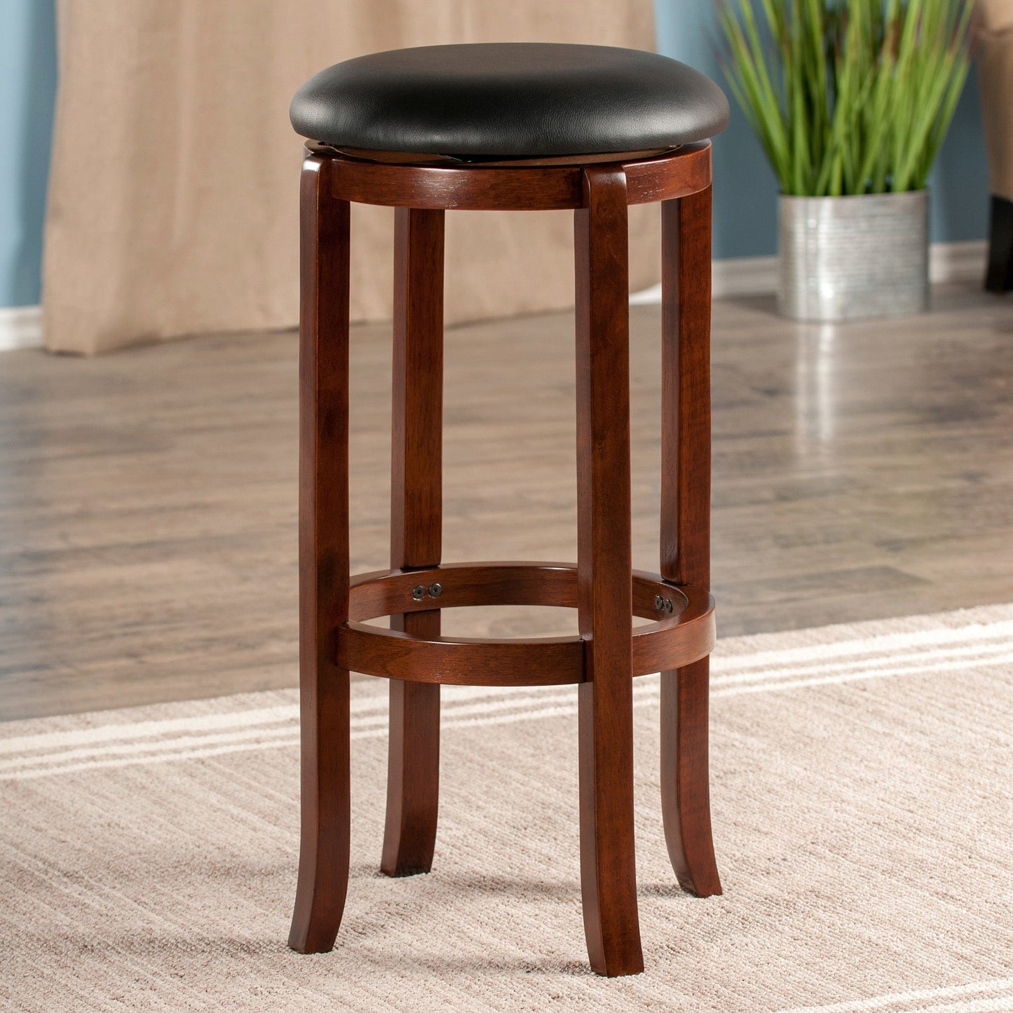 Walcott Cushion Swivel Seat Bar Stool, Black and Walnut