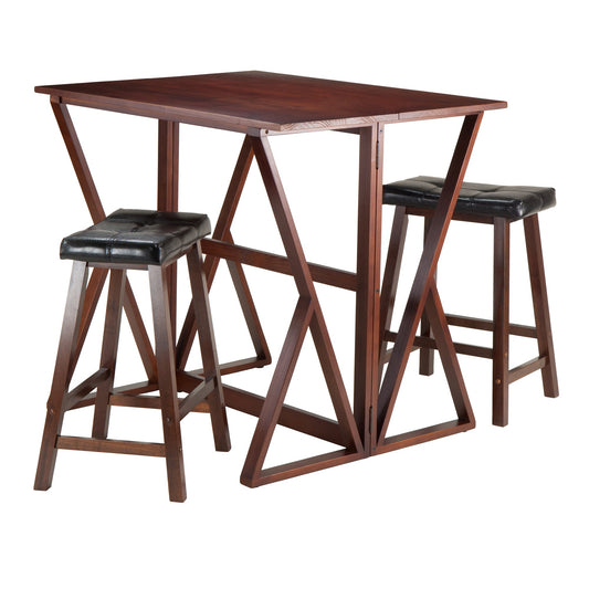 Harrington 3-Pc Drop Leaf Table with Cushion Saddle Seat Counter Stools, Walnut and Black