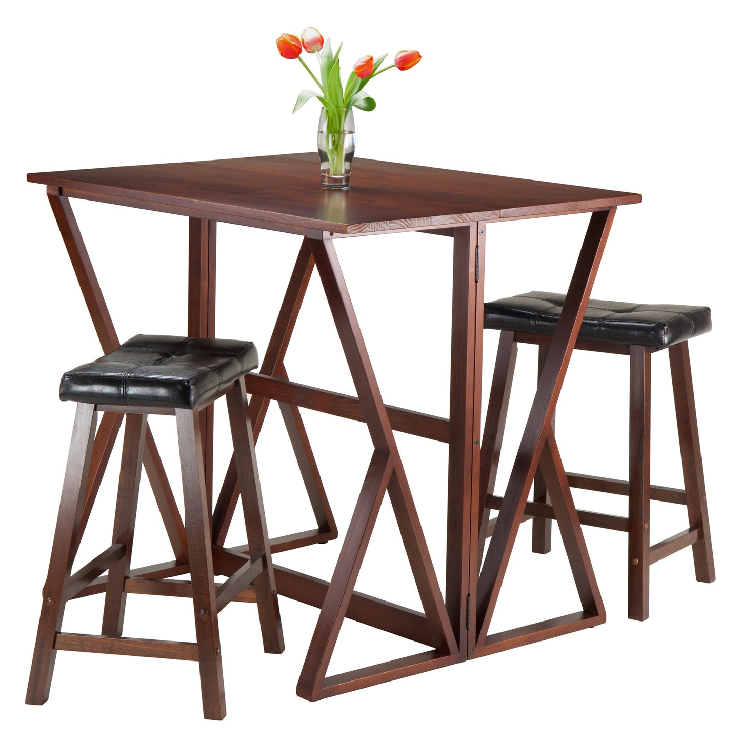 Harrington 3-Pc Drop Leaf Table with Cushion Saddle Seat Counter Stools, Walnut and Black