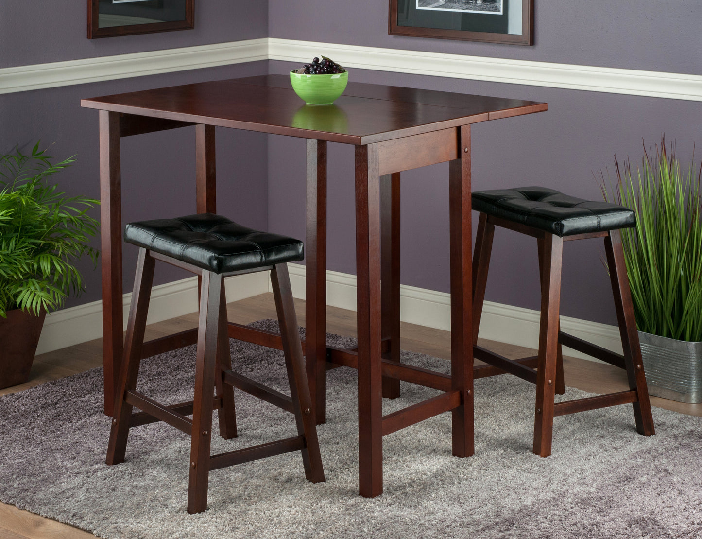 Lynnwood 3-Pc Drop Leaf Table with Cushion Saddle Seat Counter Stools, Walnut and Black