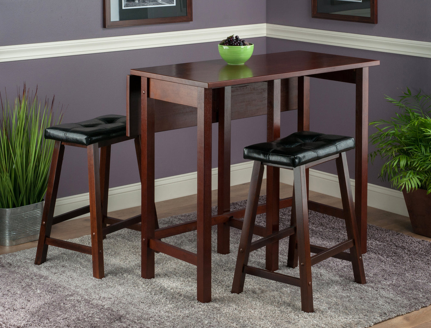 Lynnwood 3-Pc Drop Leaf Table with Cushion Saddle Seat Counter Stools, Walnut and Black