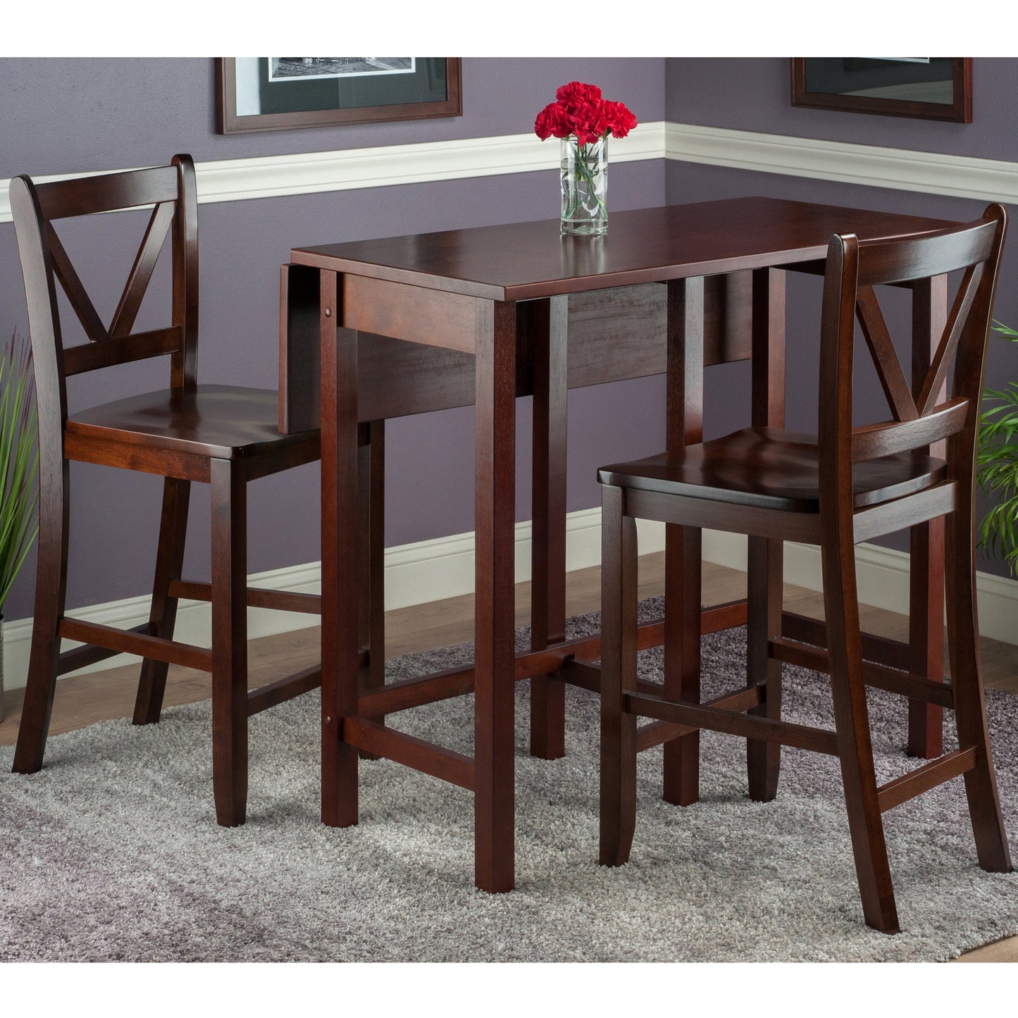 Lynnwood 3-Pc Drop Leaf Table with V-Back Counter Stools, Walnut