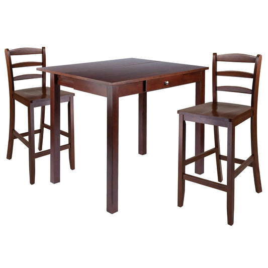 Perrone 3-Pc High Drop Leaf Table with Ladder-back Counter Stools, Walnut