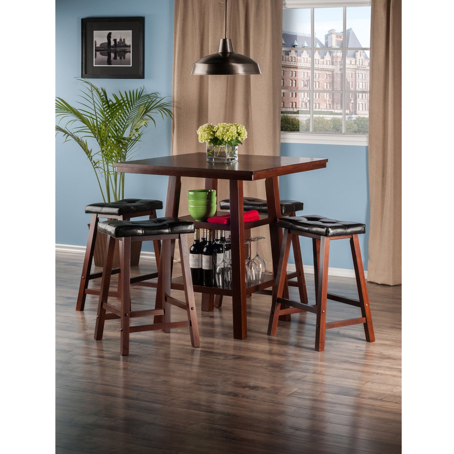 Orlando 5-Pc High Table with Cushion Seat Counter Stools, Walnut and Black