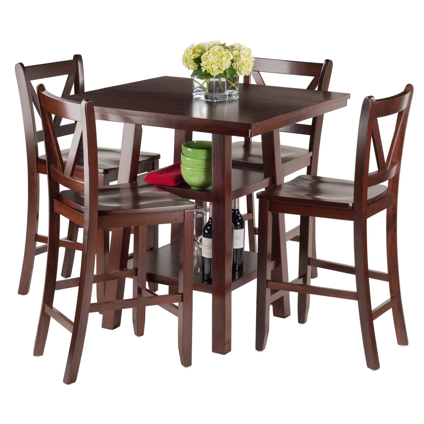 Orlando 5-Pc High Table with V-Back Counter Stools, Walnut