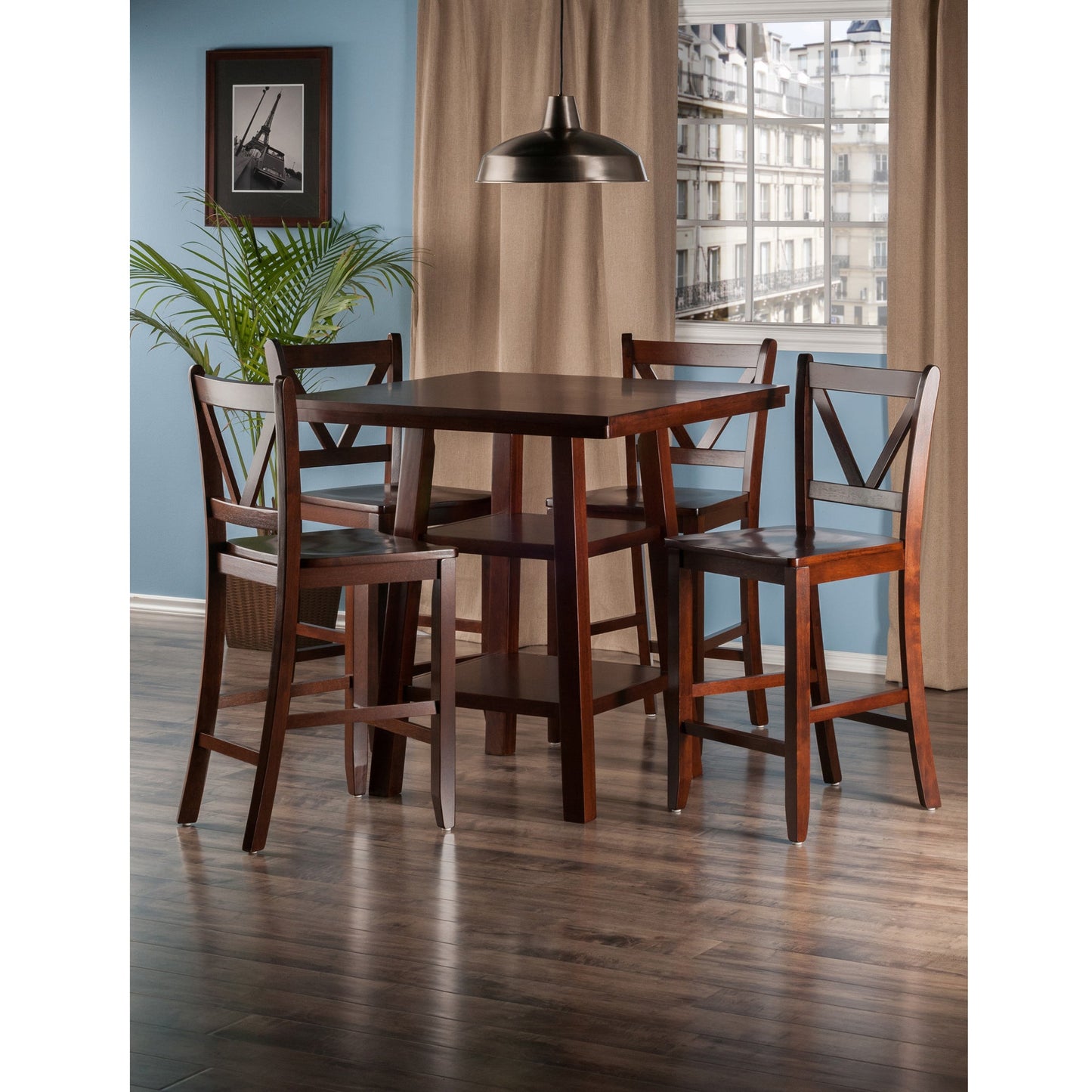 Orlando 5-Pc High Table with V-Back Counter Stools, Walnut