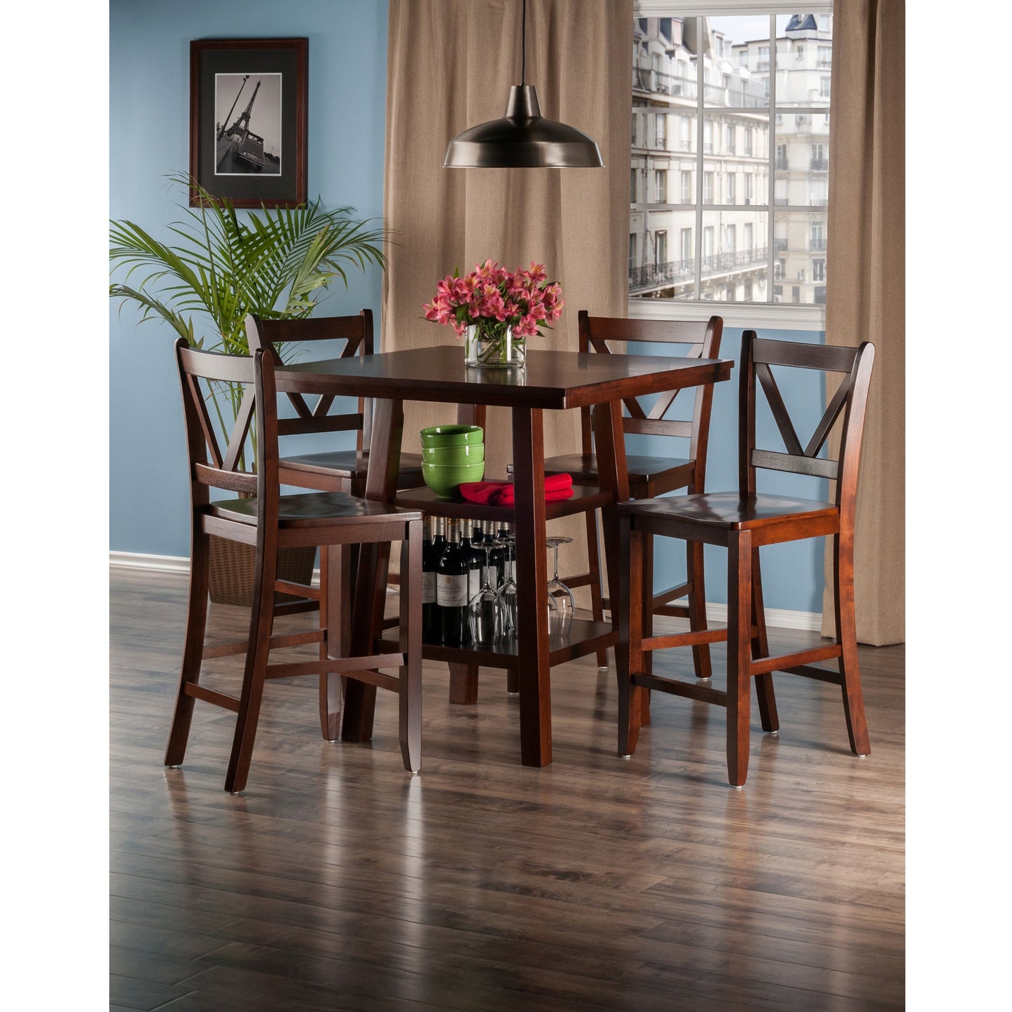 Orlando 5-Pc High Table with V-Back Counter Stools, Walnut