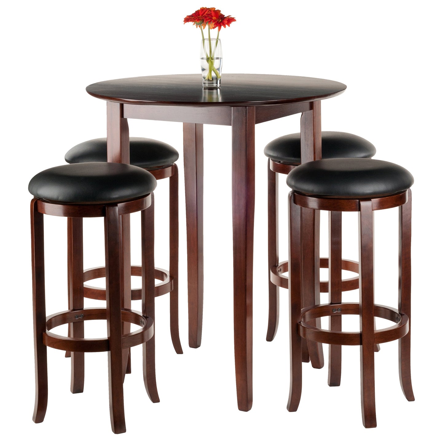 Fiona 5-Pc High Table with Cushion Swivel Seat Bar Stools, Walnut and Black