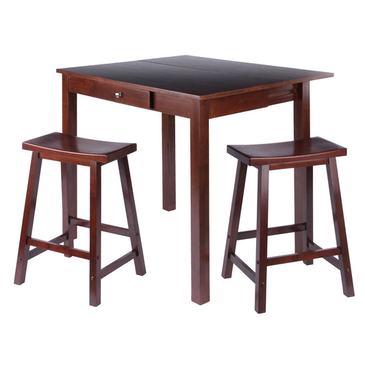 Perrone 3-Pc High Drop Leaf Table with Saddle Seat Counter Stools, Walnut