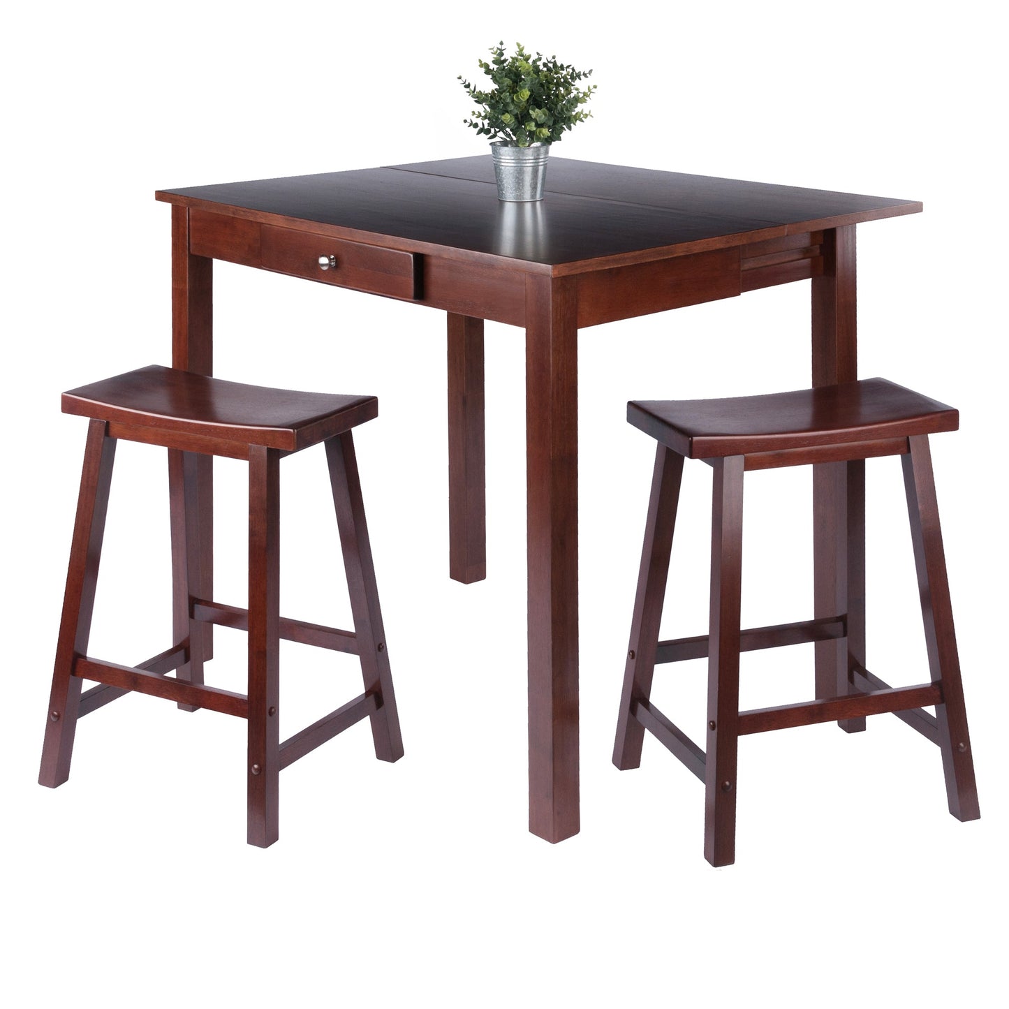 Perrone 3-Pc High Drop Leaf Table with Saddle Seat Counter Stools, Walnut