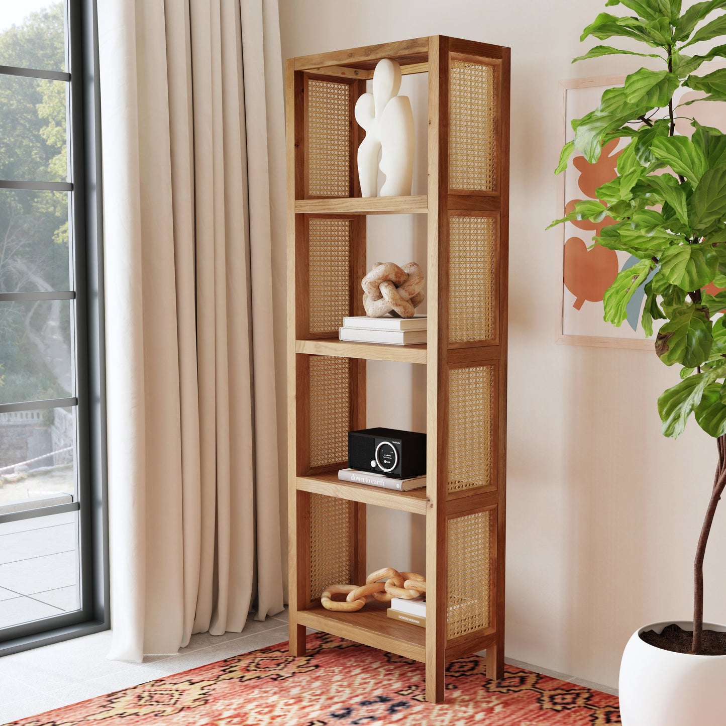 Mesa Cane and Solid Wood 4- Tier Etagere Bookcase in Natural  9752438