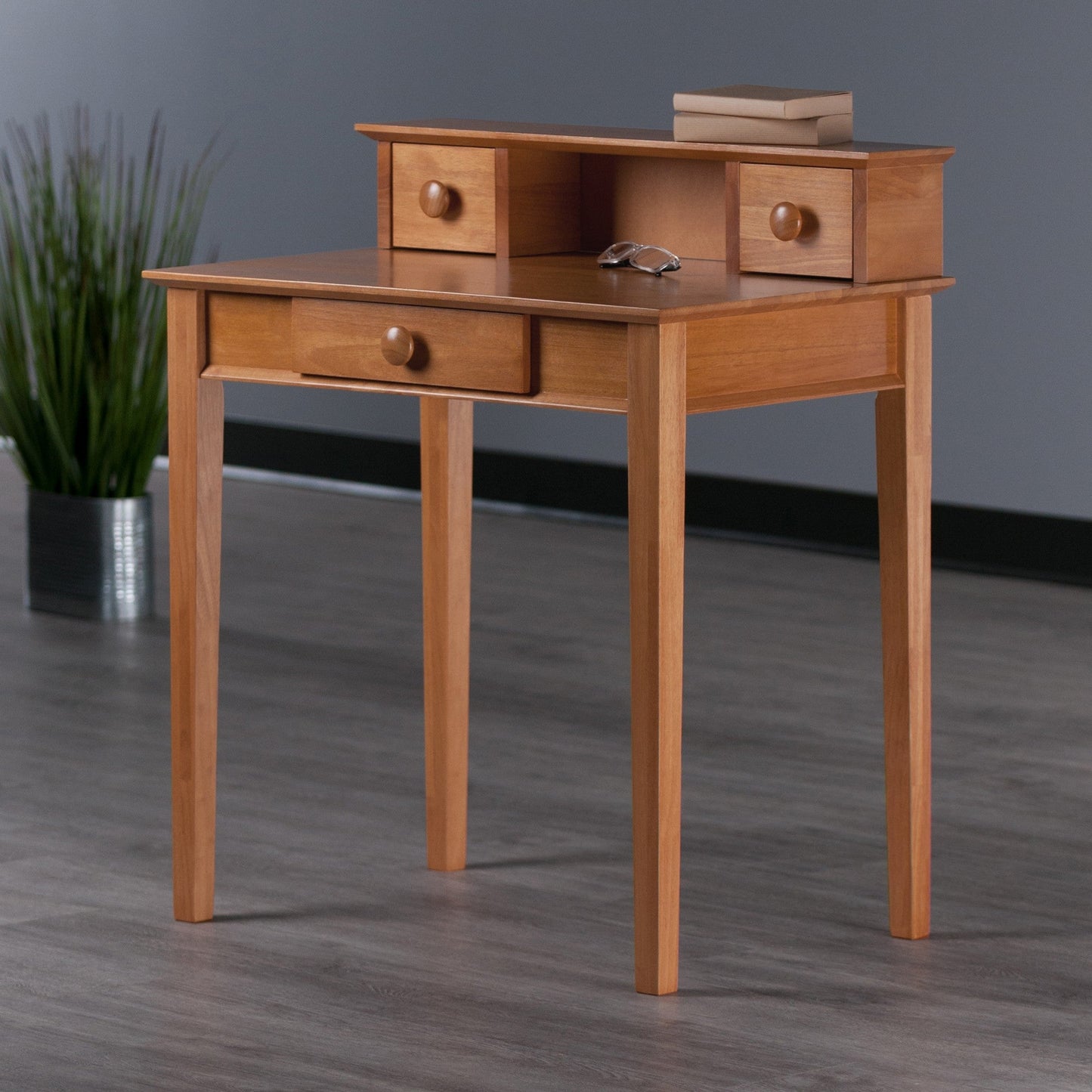 Studio Home Office Desk and Hutch, Honey Pine