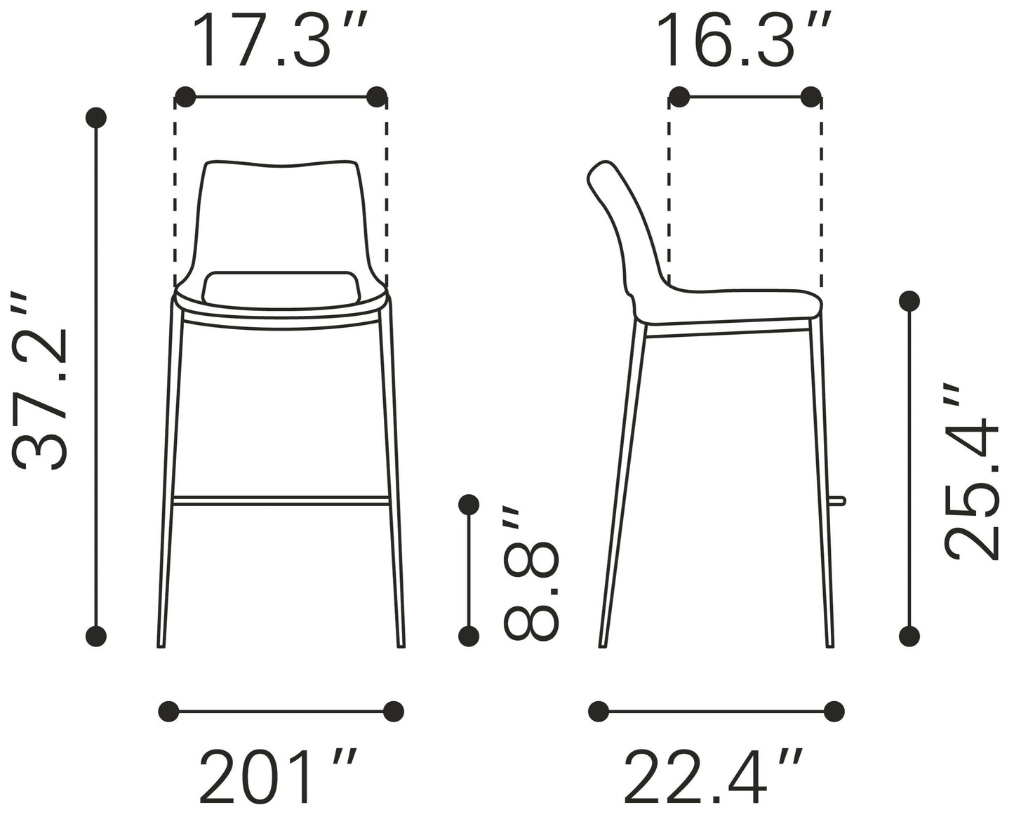 Ace Counter Stool (Set of 2) Black & Silver