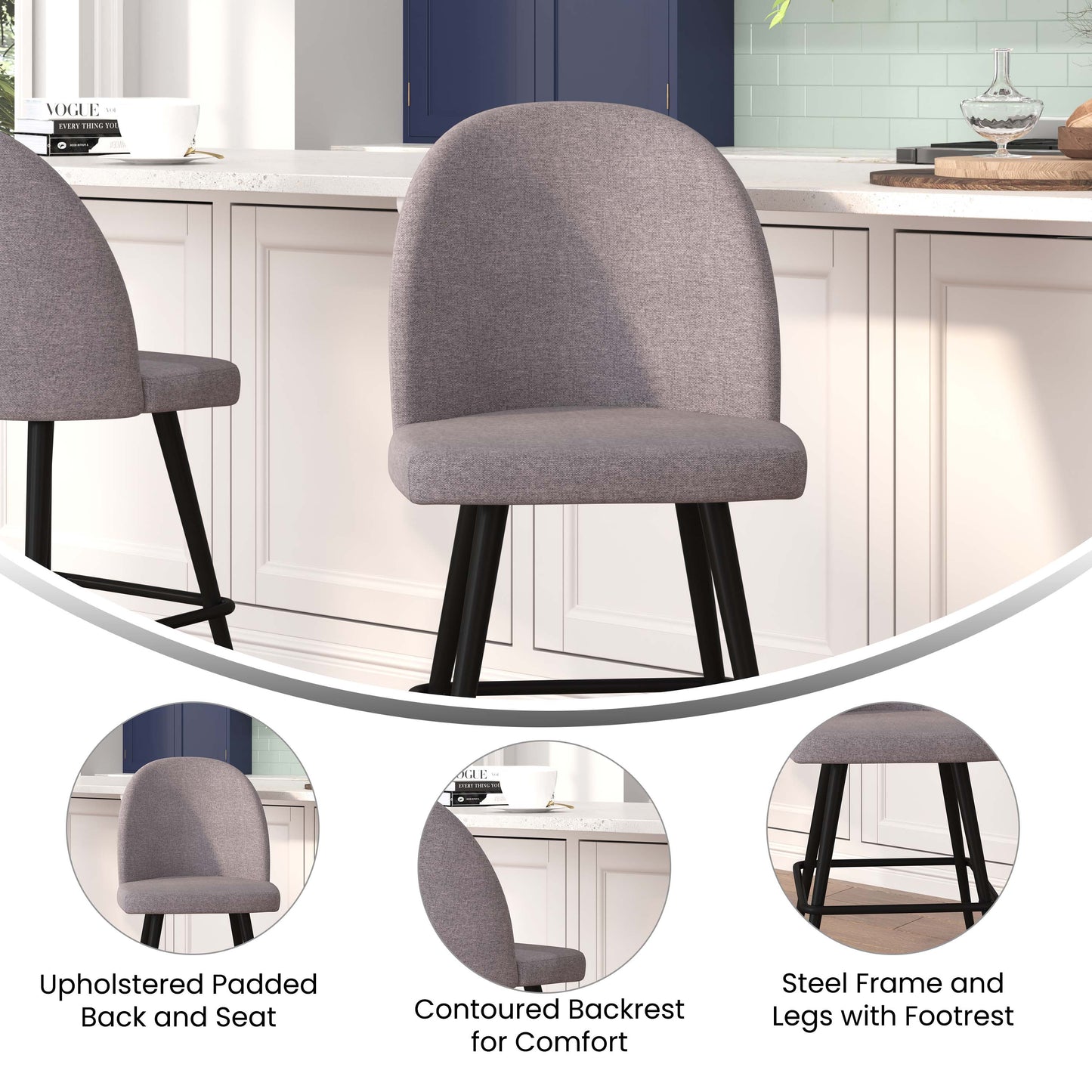 2PK 26" Gray Linen Barstool AY-1026H-26-GYFAB-GG