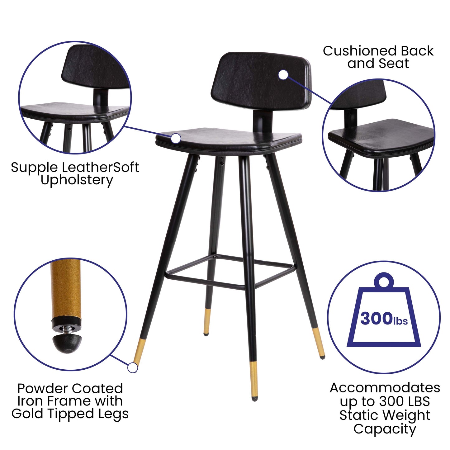 2PK Black Leather Barstools AY-S02-BK-GG